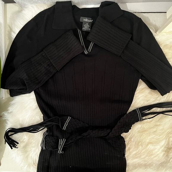 NEW Willi Smith Ribbed Boho Fringe Belted Contrast Longline Collar Sweater Top S - Picture 8 of 13